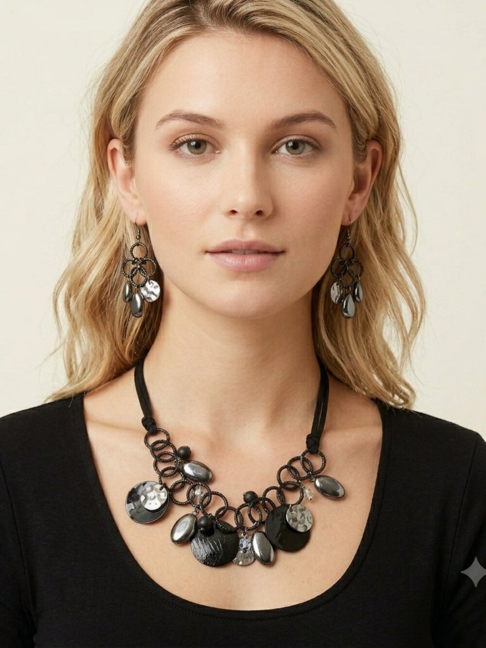 Bon worth black cord necklace and earring set genuine shell